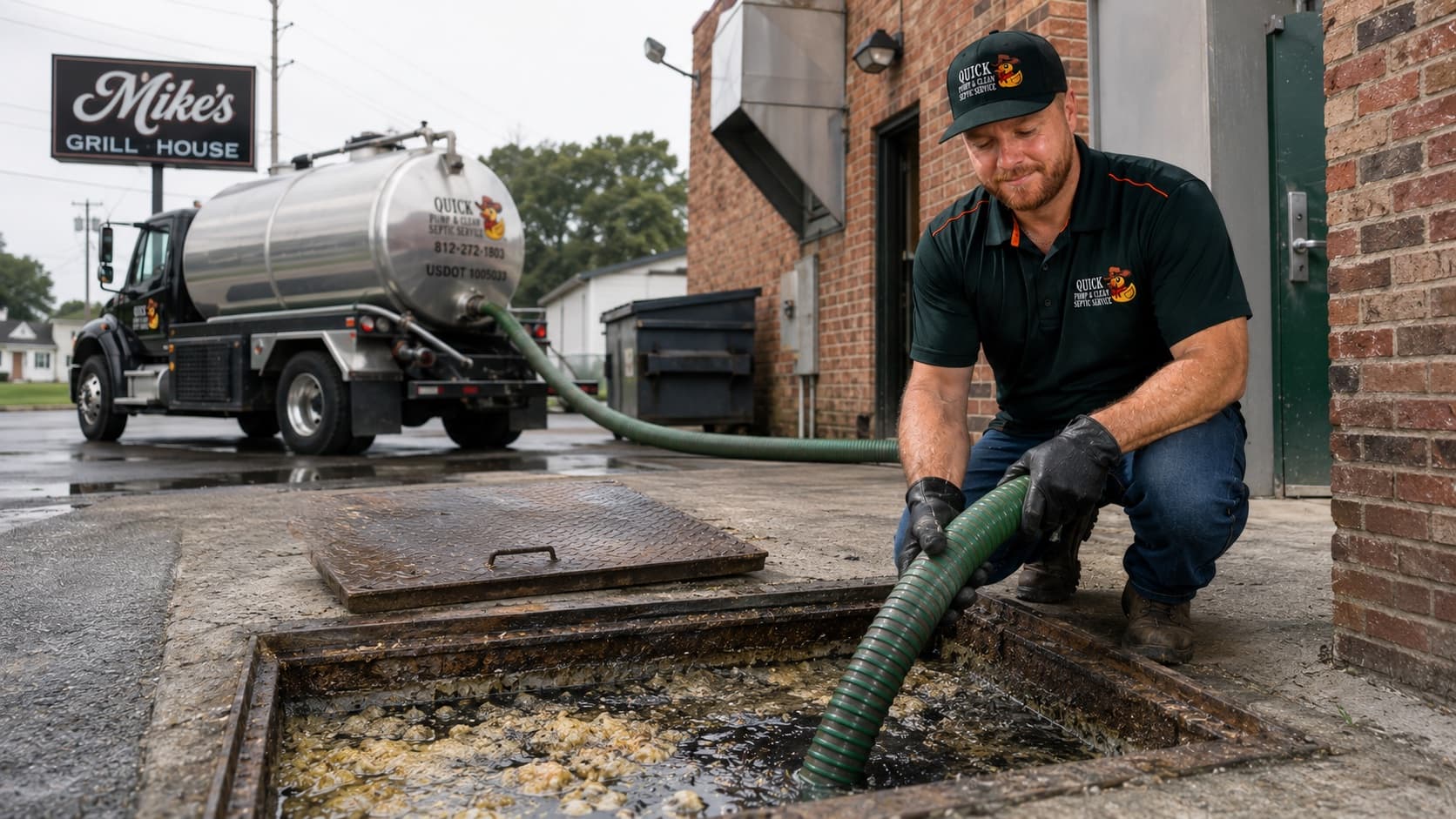 Technician pumping an open in-ground commercial grease trap behind a restaurant, branded tank truck at the curb in Linton, Greene County, Indiana
