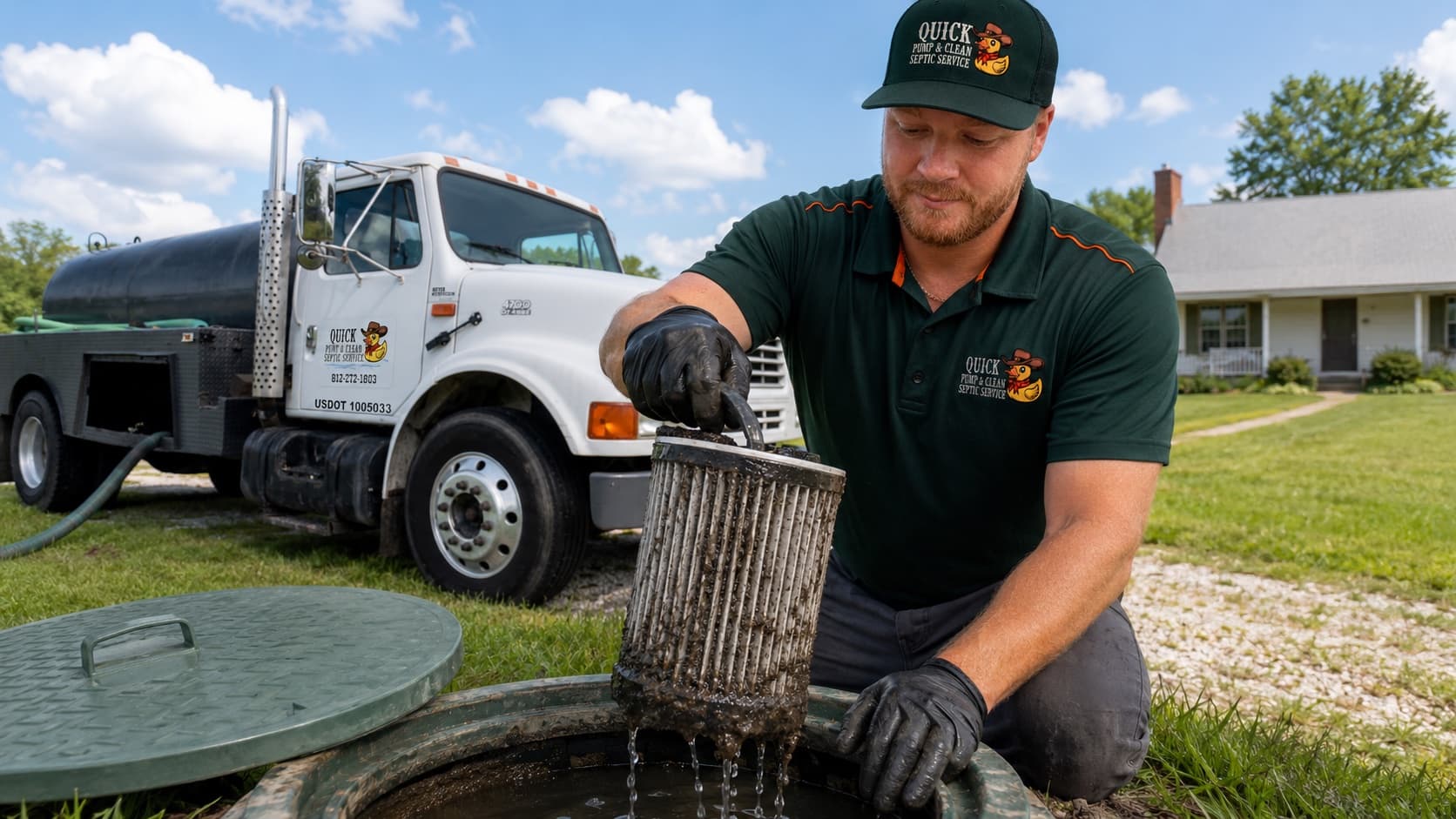Quick Pump and Clean technician lifting the effluent filter from an open septic tank and rinsing it back into the tank, with the pump truck behind