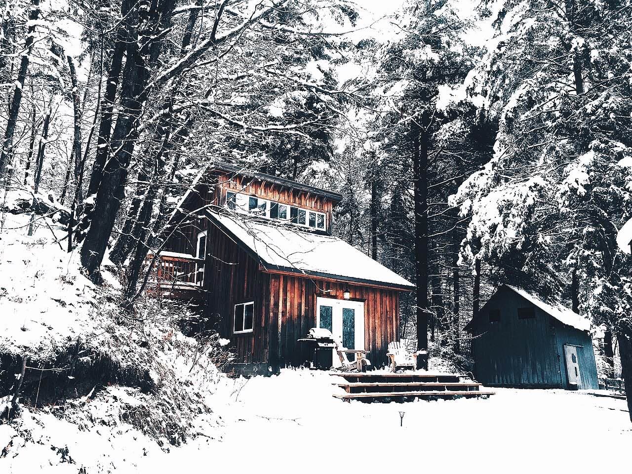 A small wooden cabin with a porch and a separate shed, tucked into snow-covered woods with no footprints or tire tracks around it